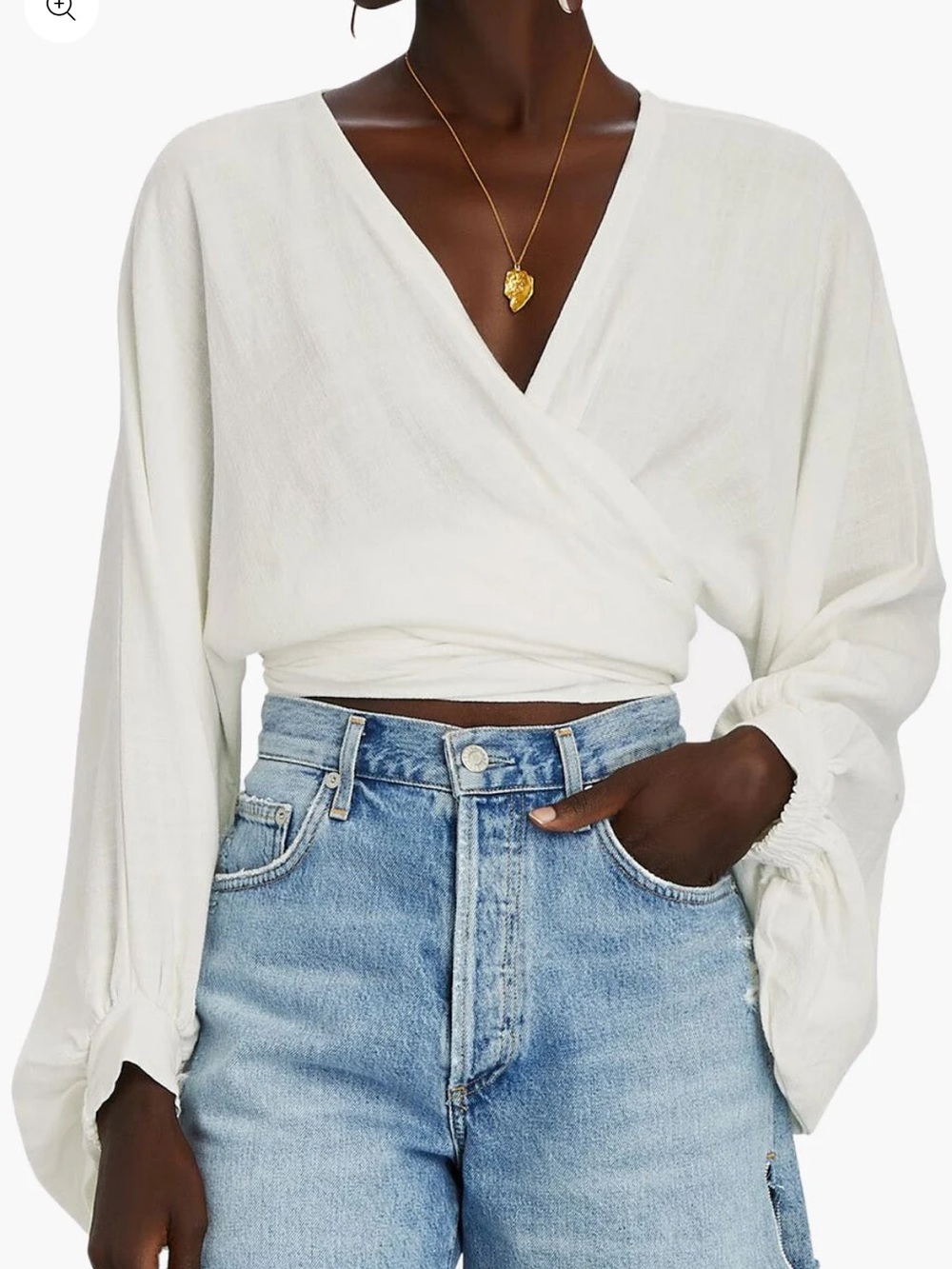 Just Bee Queen Adri Wrap Tie Balloon Sleeve Top in White/Off-White. Women's M